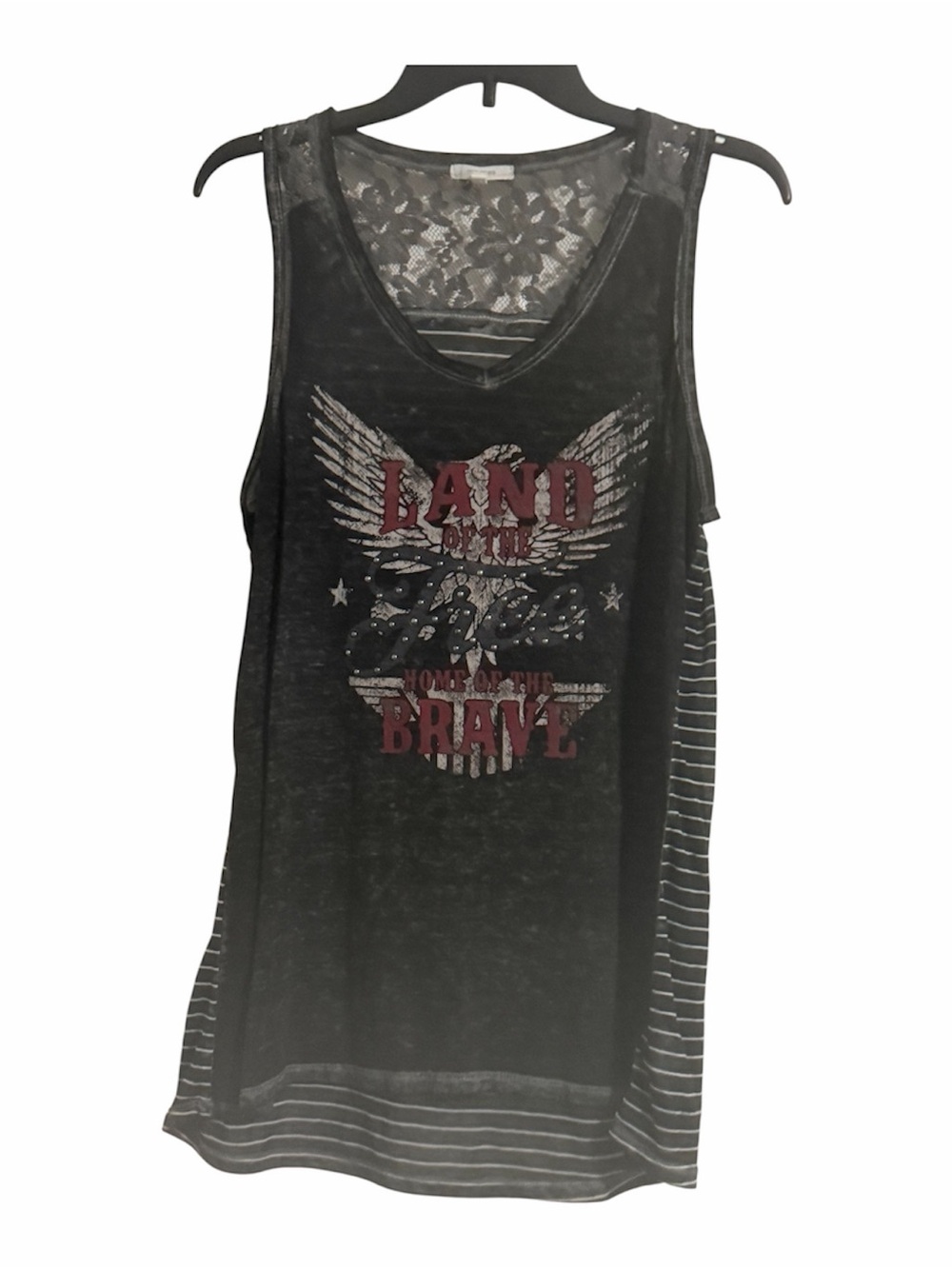 Maurices Black Lace Tank with words “Land of the Free, Home of the Brave” - L